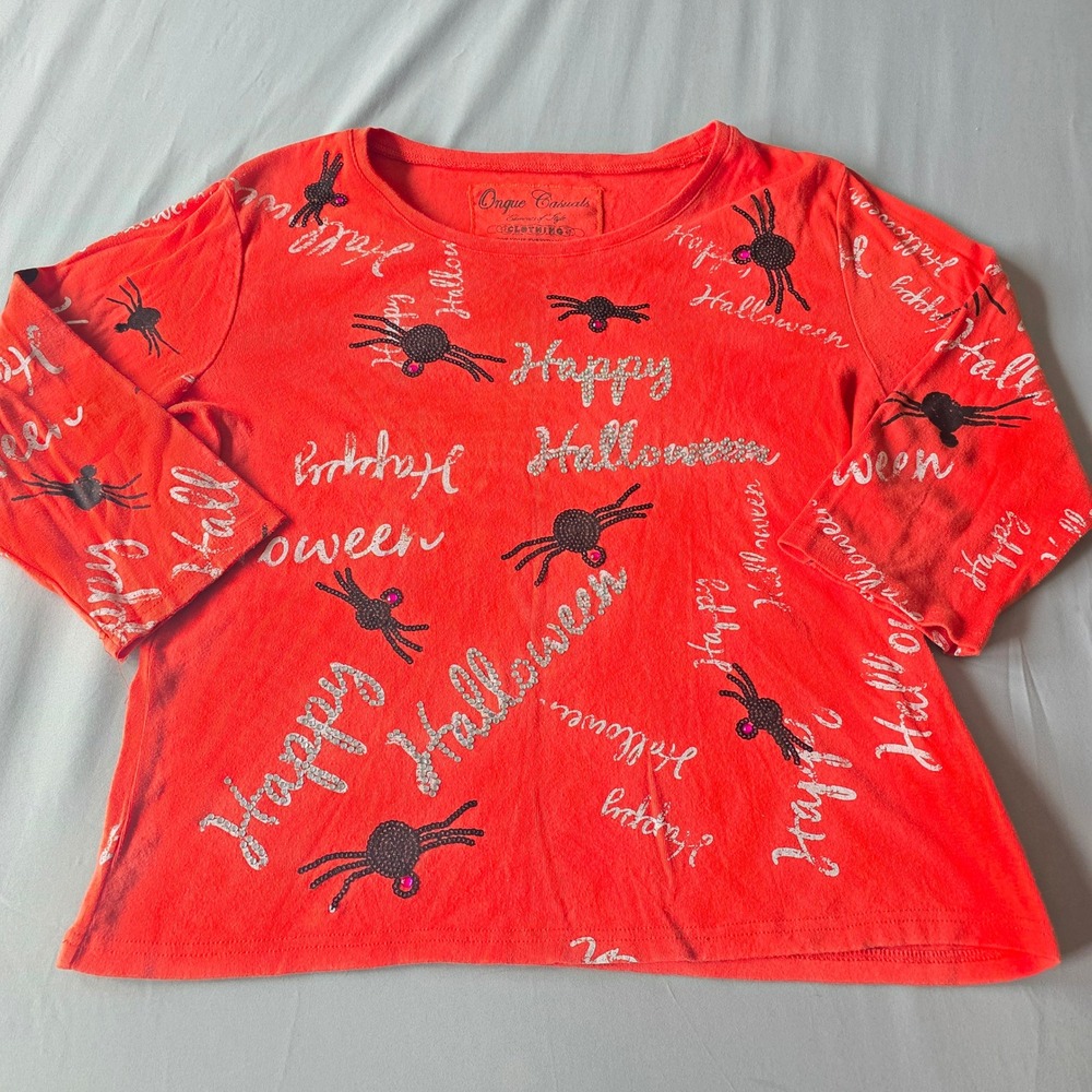 Onque vintage Casuals Halloween Spider Shirt Top Rhinestone Long Sleeve Womens L